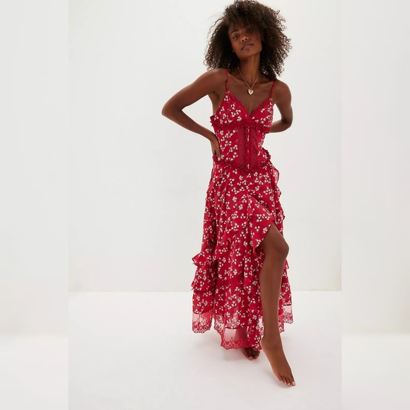 Free People Hearts Desire Bodysuit Maxi Dress Red Combo Women's Size Medium - Picture 1 of 14